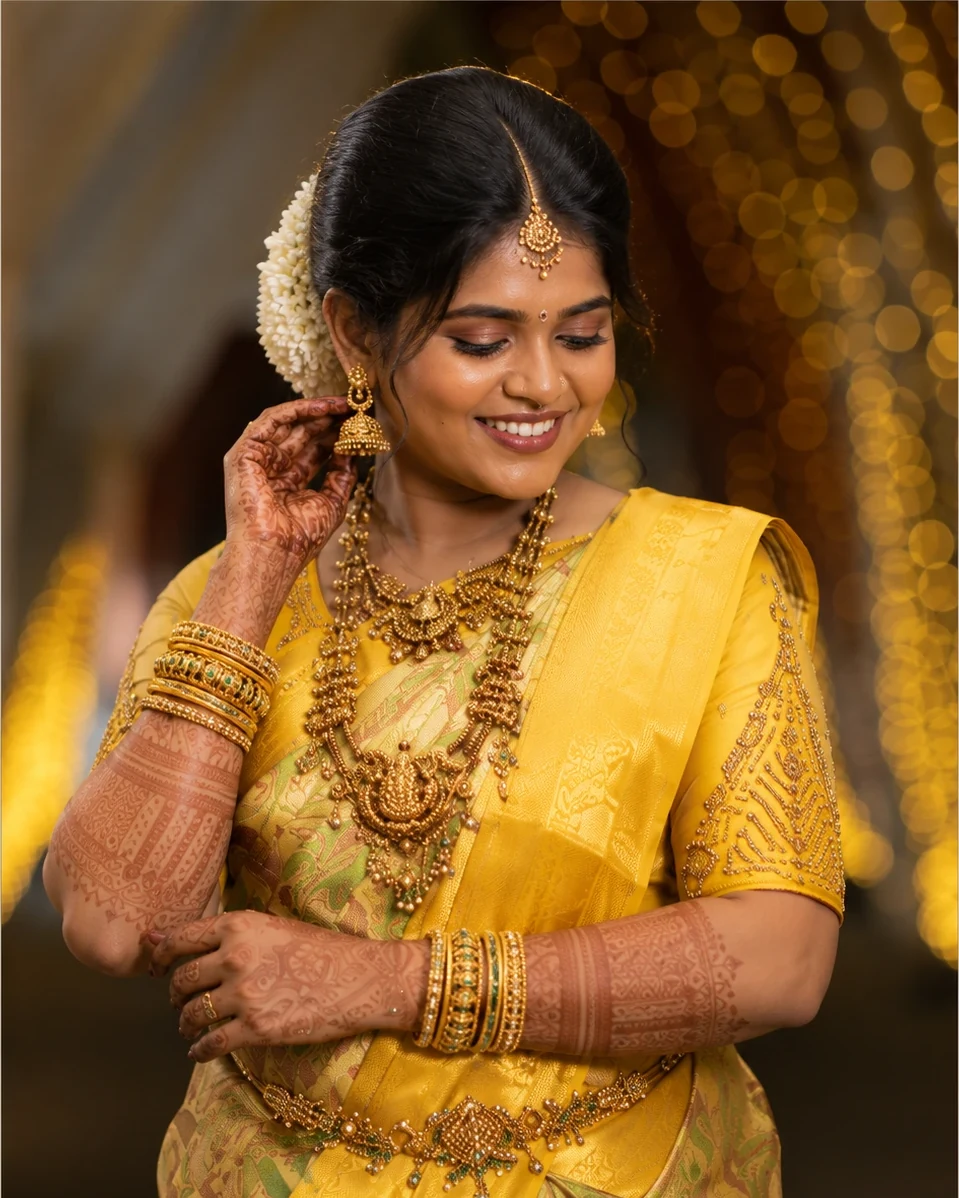 Heirloom bridal portrait in traditional brown silk saree